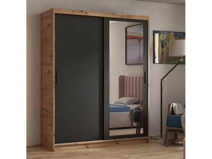 SCHWEBETÜRENSCHRANK Hela 120/205/60 2-türig eiche Artisan/schwarz mit Spiegel