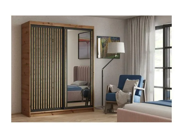 SCHWEBETÜRENSCHRANK Donatello 180/205/60 2-türig eiche Artisan/schwarz mit Spiegel