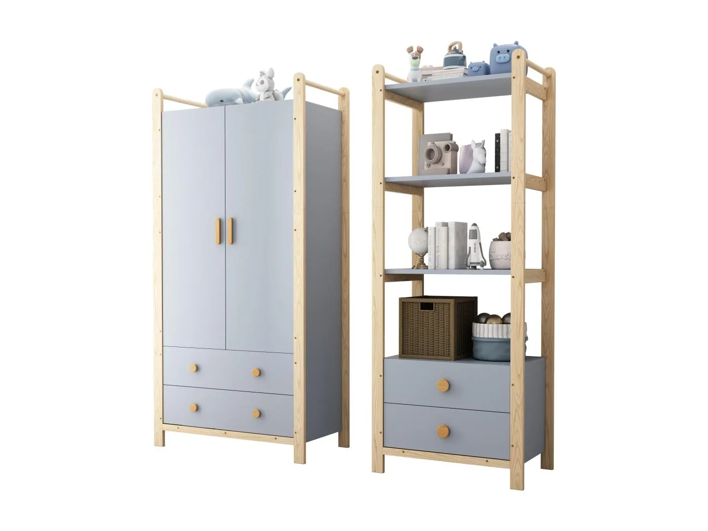 Kombi-Garderobenset - Kleiderschrank + Regal - mit Kleiderstange + Schubladen - MDF - blau