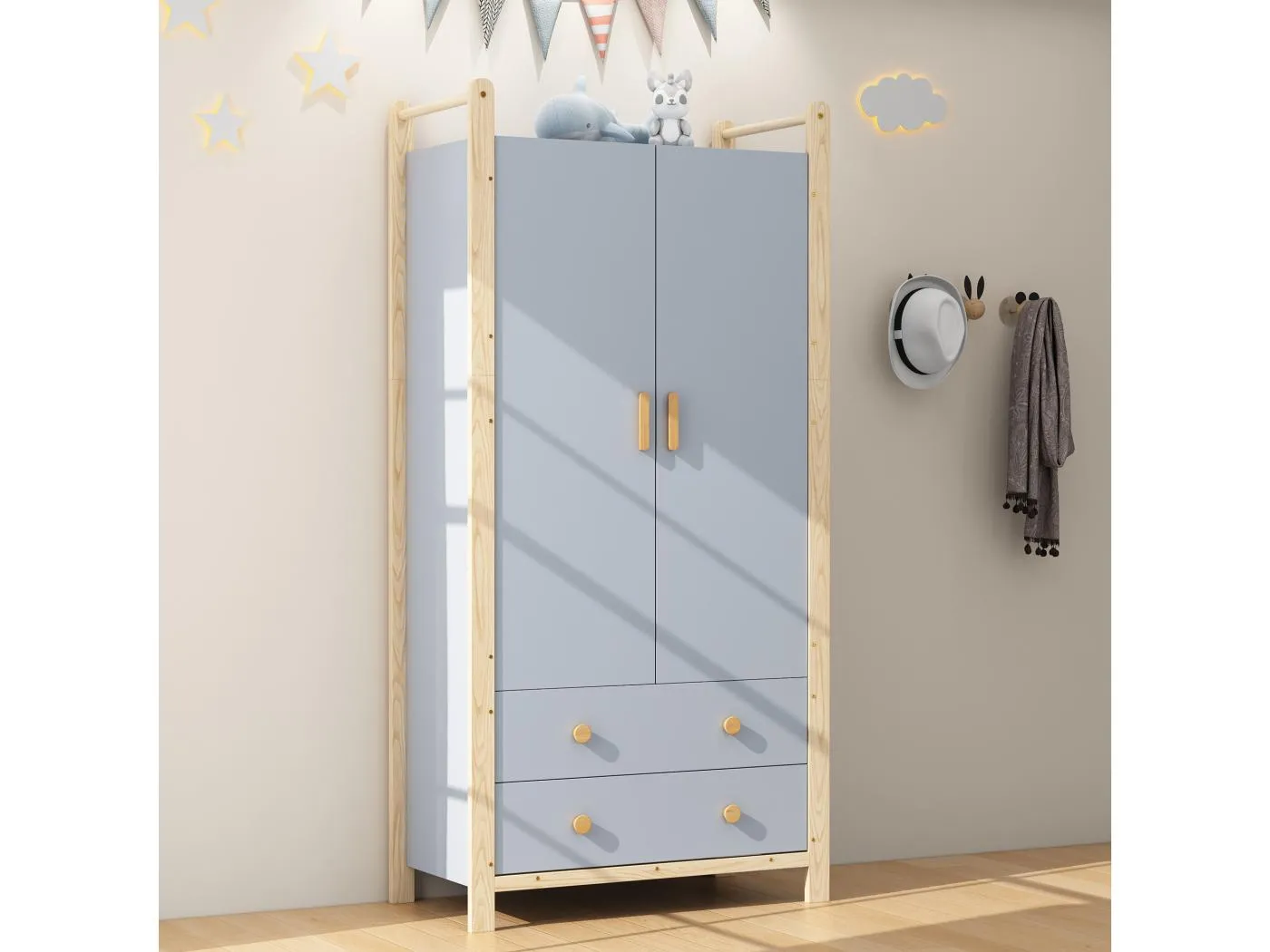 Kinderkleiderschrank - 90 x 45 x 180 cm - mit 2 Türen + Kleiderstange + 2 Schubladen - Spanplatte - blau