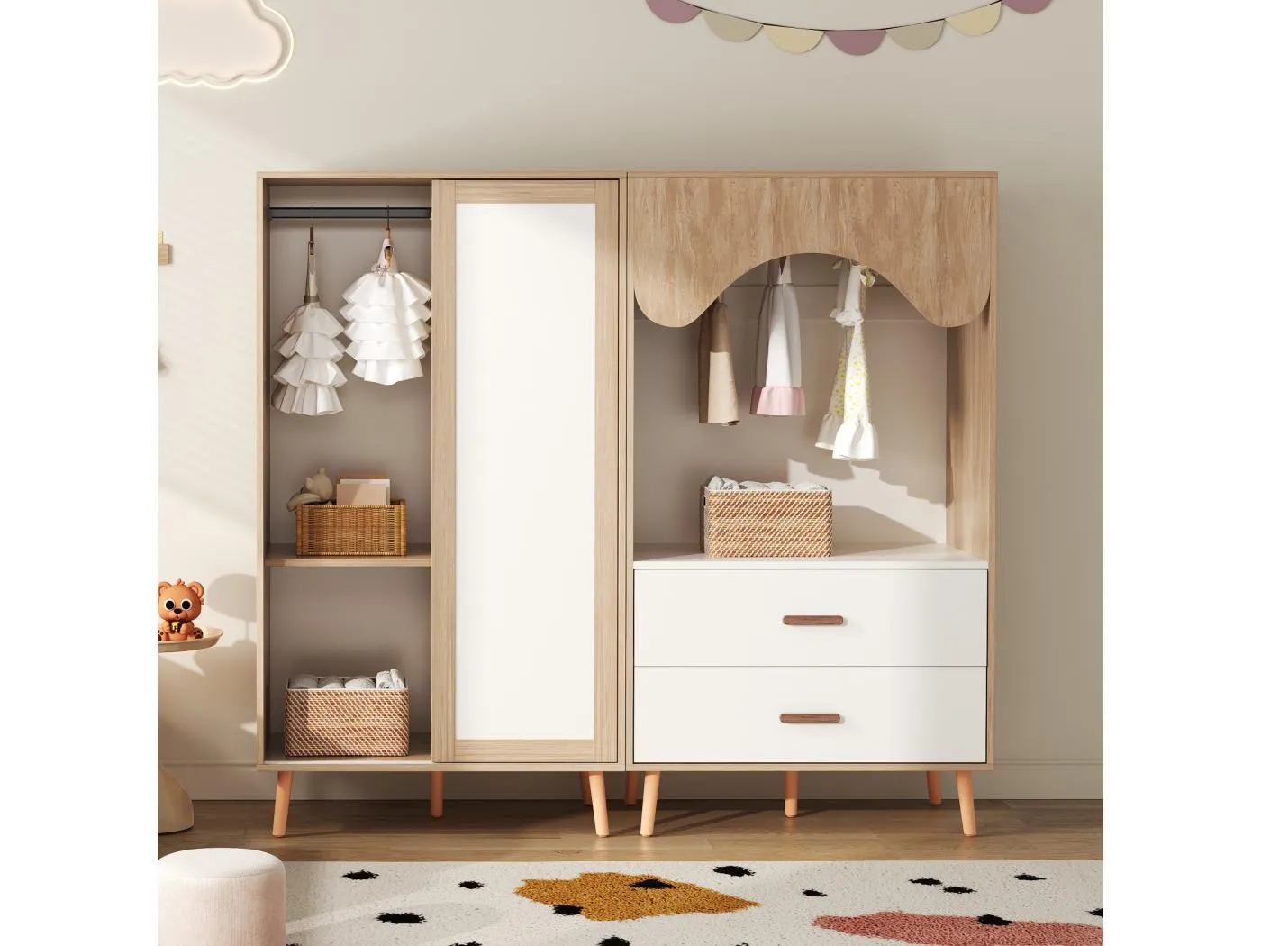 Kinderkleiderschrank-Set - 80(160) x 46 x 141,5 cm - mit Schiebetüren + 2 Schubladen - MDF - natur