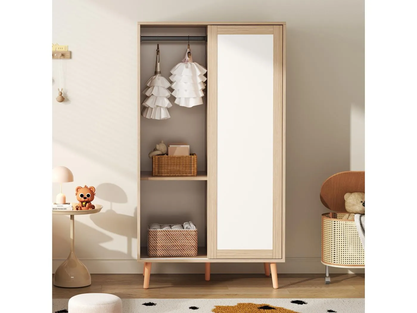 Kinderkleiderschrank - 80 x 46 x 141,5 cm - mit Schiebetüren + Kleiderstange - Holz - Natur