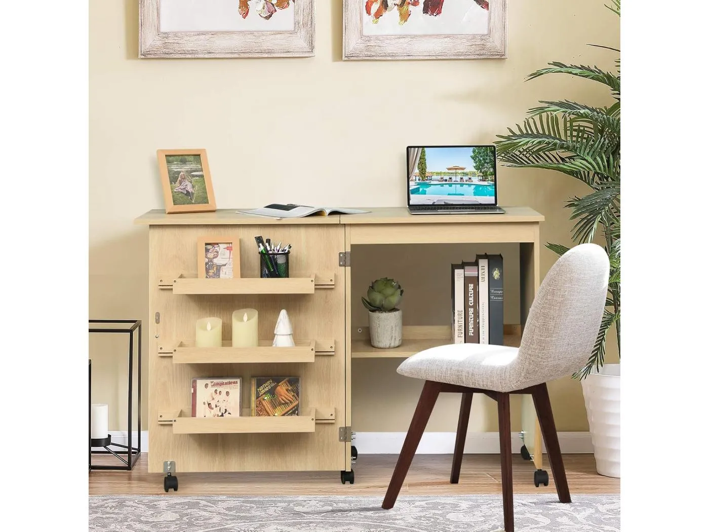 2 in 1 Nähschrank & Schreibtisch klappbar, Nähtisch aus Holz mit 3 Einlegeböden für Spulen & feststellbare Rollen, Nähmaschinenschrank für Wohnzimmer, Schlafzimmer & Büro TI87880