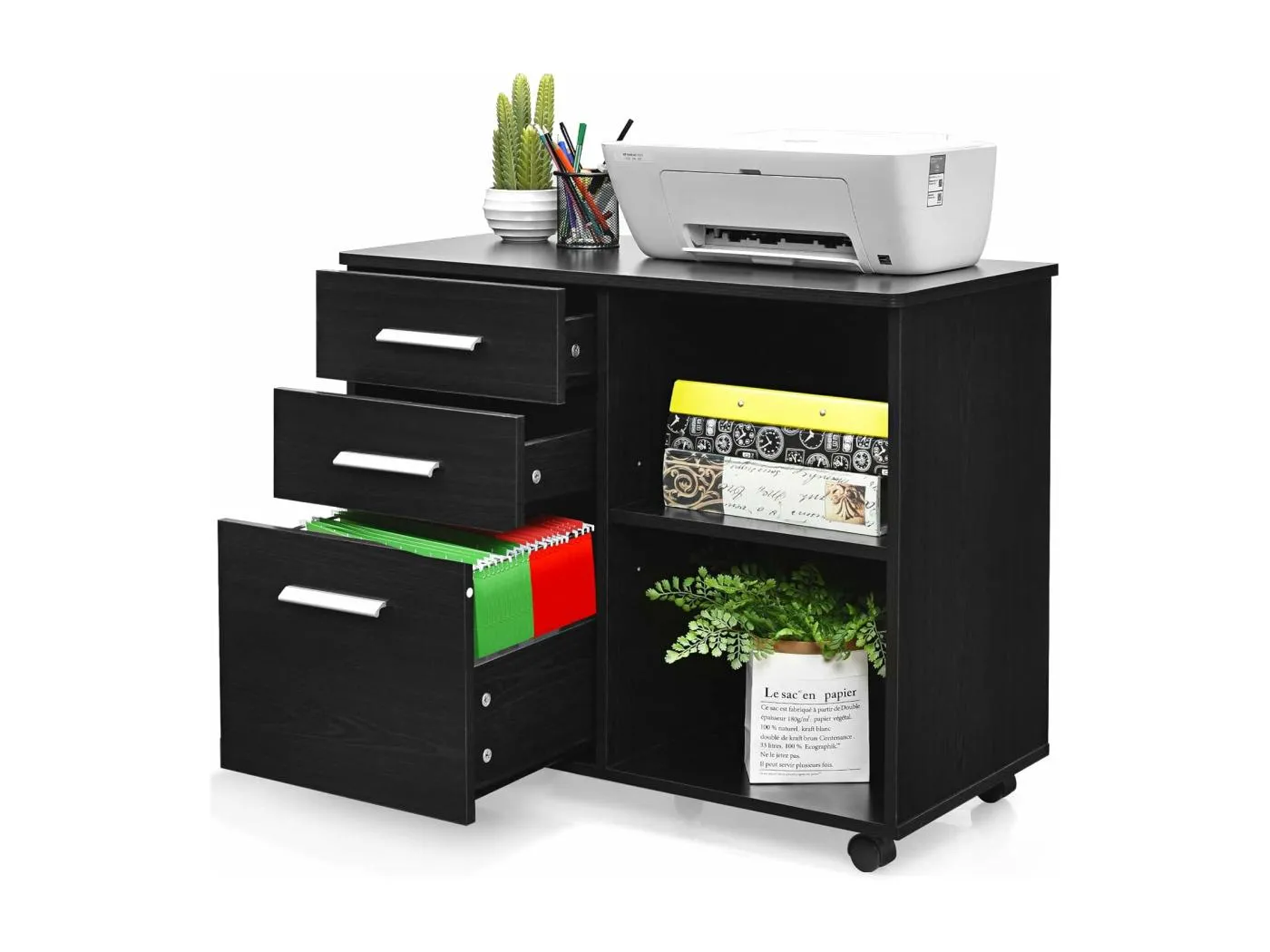 Rollcontainer mit 3 Schubladen, mobiler Aktenschrank mit Rädern, Büroschrank Druckerständer mit offenen Ablagefächern, multifunktionaler Aufbewahrungsschrank für Büro, Zuhause (Schwarz) TI87109