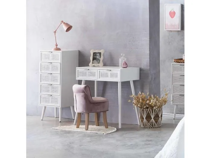 Symphonie aus Holz und weißem Netz, 42 x 36,5 x 100,5 h cm