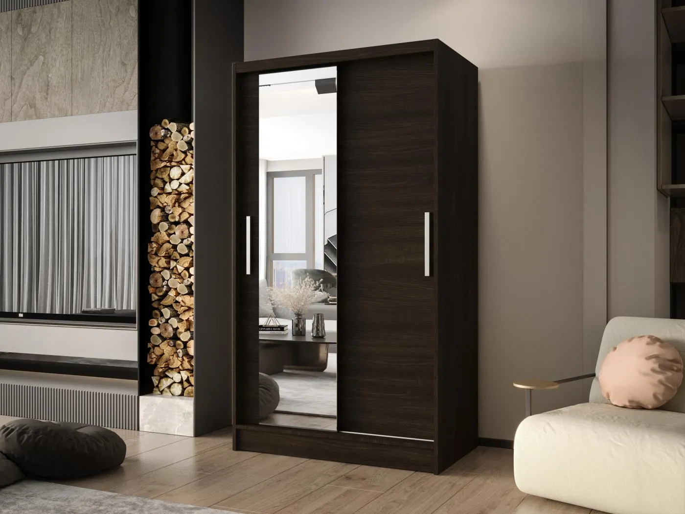 Zweitüriger Schiebeschrank mit Spiegel CHICAGO CA6, Regalböden und Kleiderstange (Choco)