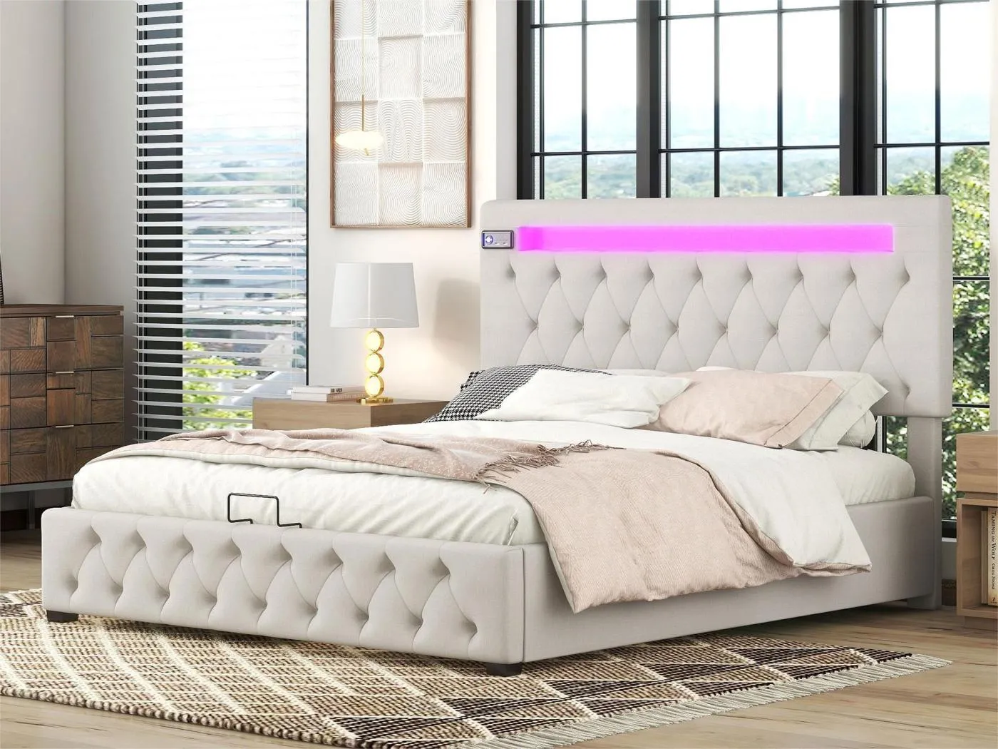 140 x 200 cm großes Bett mit Stauraum aus Leinen mit LED + USB-Anschlüssen + Bluetooth-Lesegerät – Lattenrost – Beige