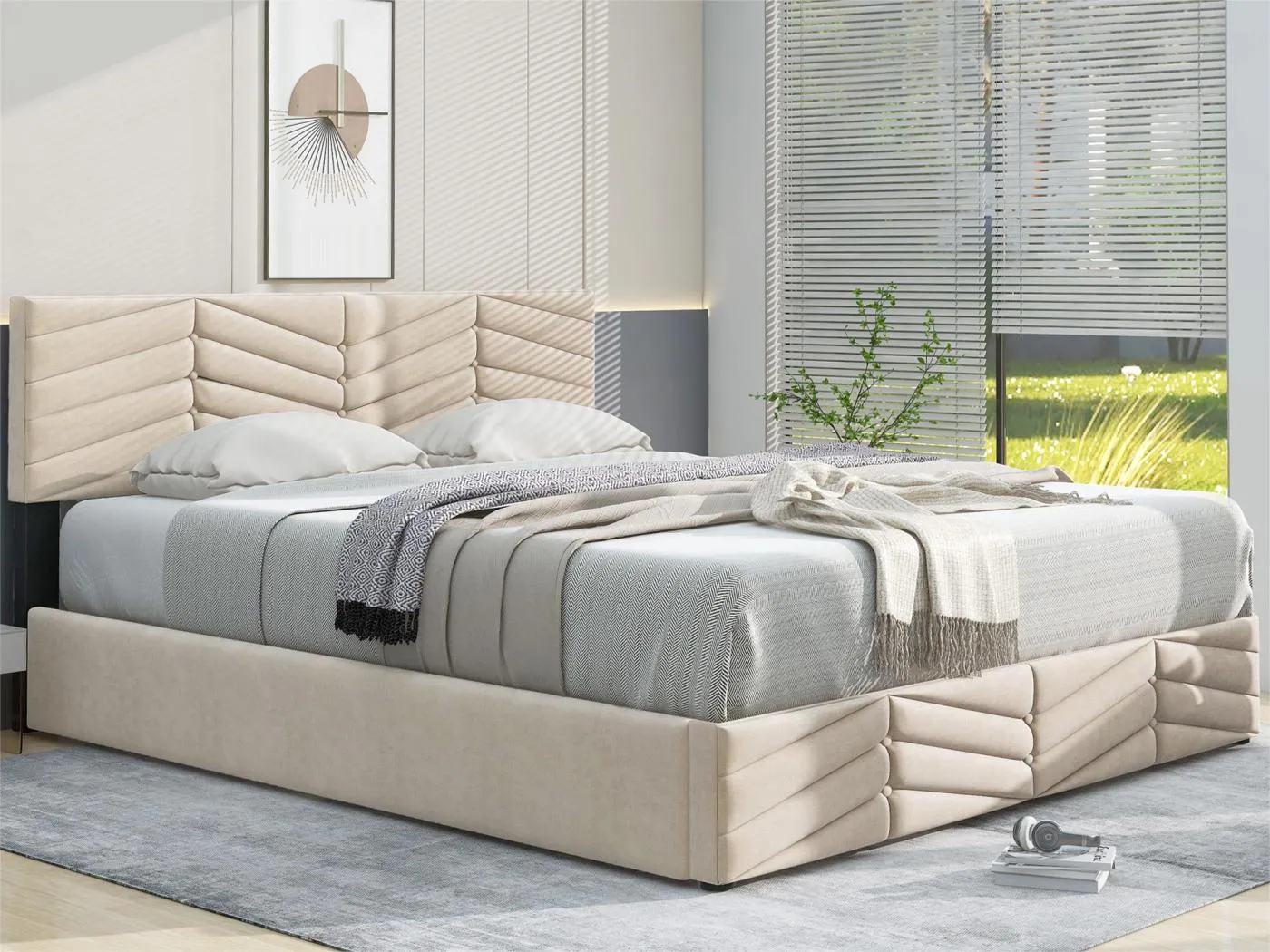 Samtbett mit Stauraum und Lattenrost + verstellbarem Kopfteil – 140 x 200 cm – Beige