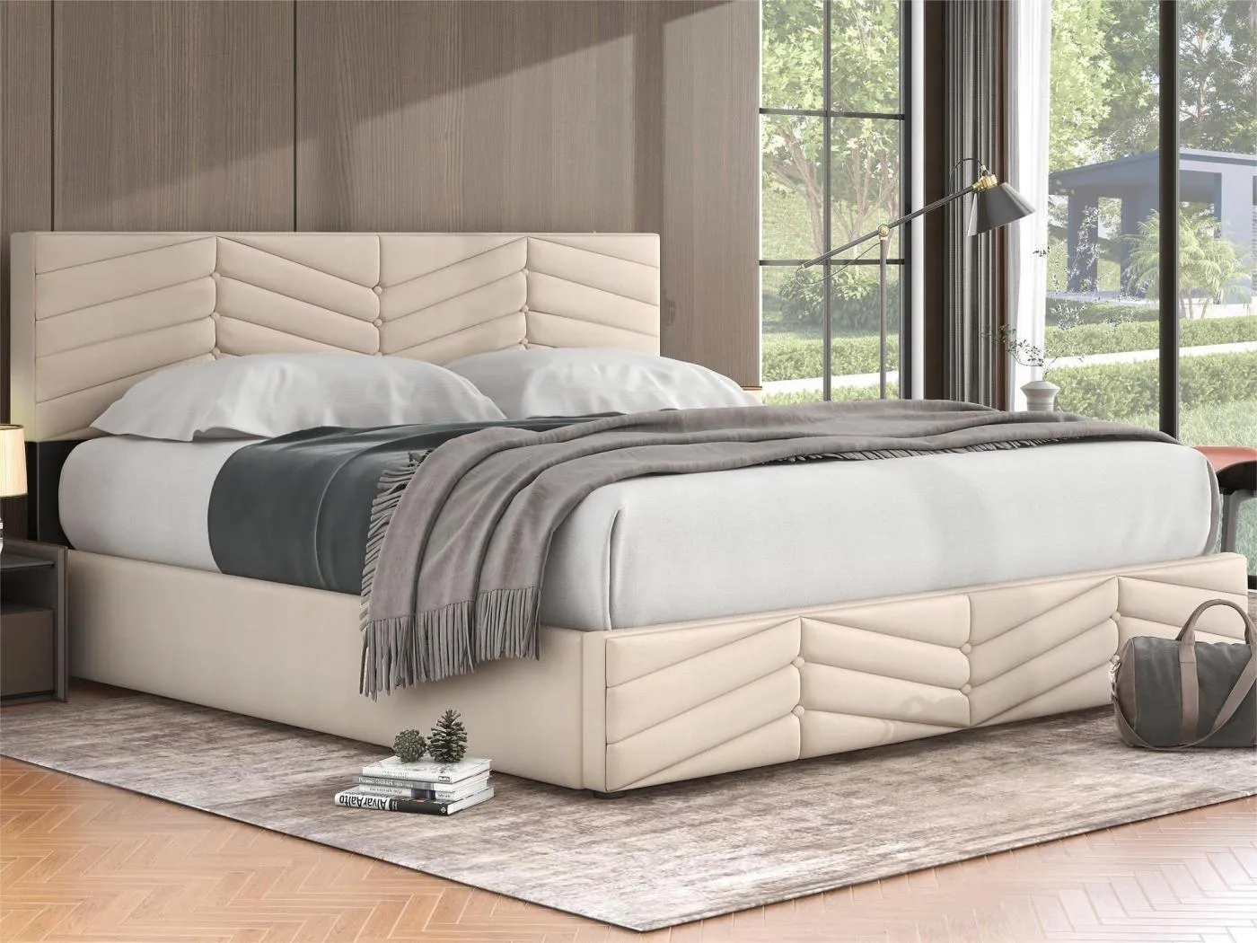 Samtbett mit Stauraum und Lattenrost + verstellbarem Kopfteil – 160 x 200 cm – Beige