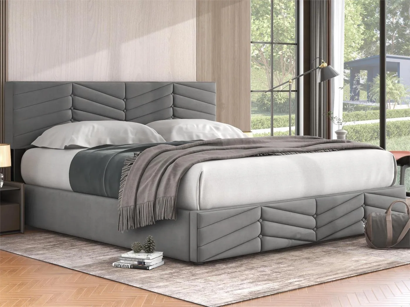 Samtbett mit Stauraum und Lattenrost + verstellbarem Kopfteil – 160 x 200 cm – Grau