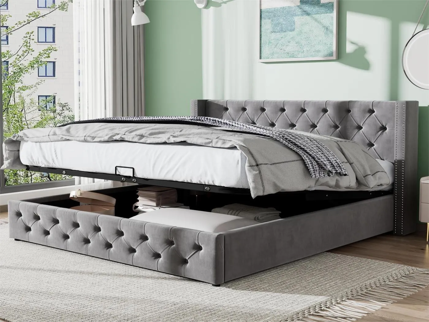 140 x 200 cm großes Samtbett mit Lattenrost – Grau