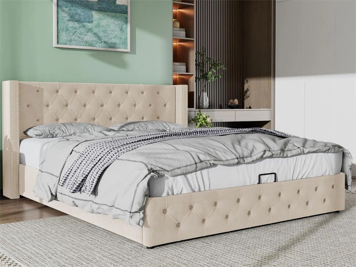 140 x 200 cm großes Samtbett mit Lattenrost – Beige