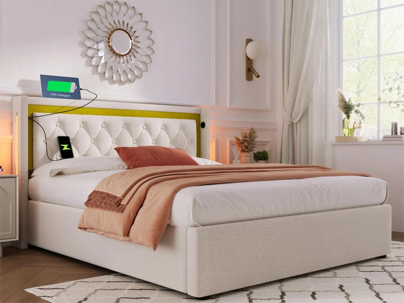 160 x 200 cm großes Stauraumbett aus Baumwolle mit LED- und USB-Anschlüssen – mit Lattenrost – Beige