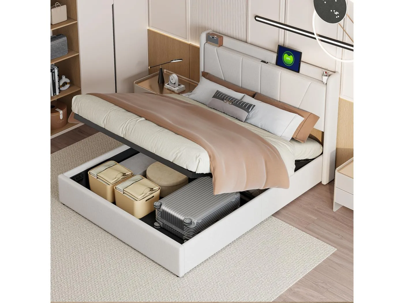 140x200cm Bett mit Stauraum aus Leinenstoff mit USB-Anschluss - Kopfteil und Lattenrost - Beige
