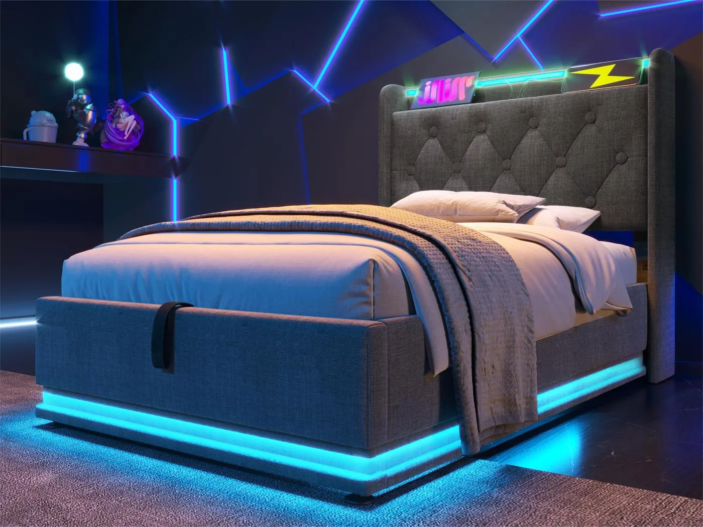 90 x 200 cm großes Bett mit Stauraum aus Leinen – mit LED und USB- und Typ-C-Anschlüssen – Grau