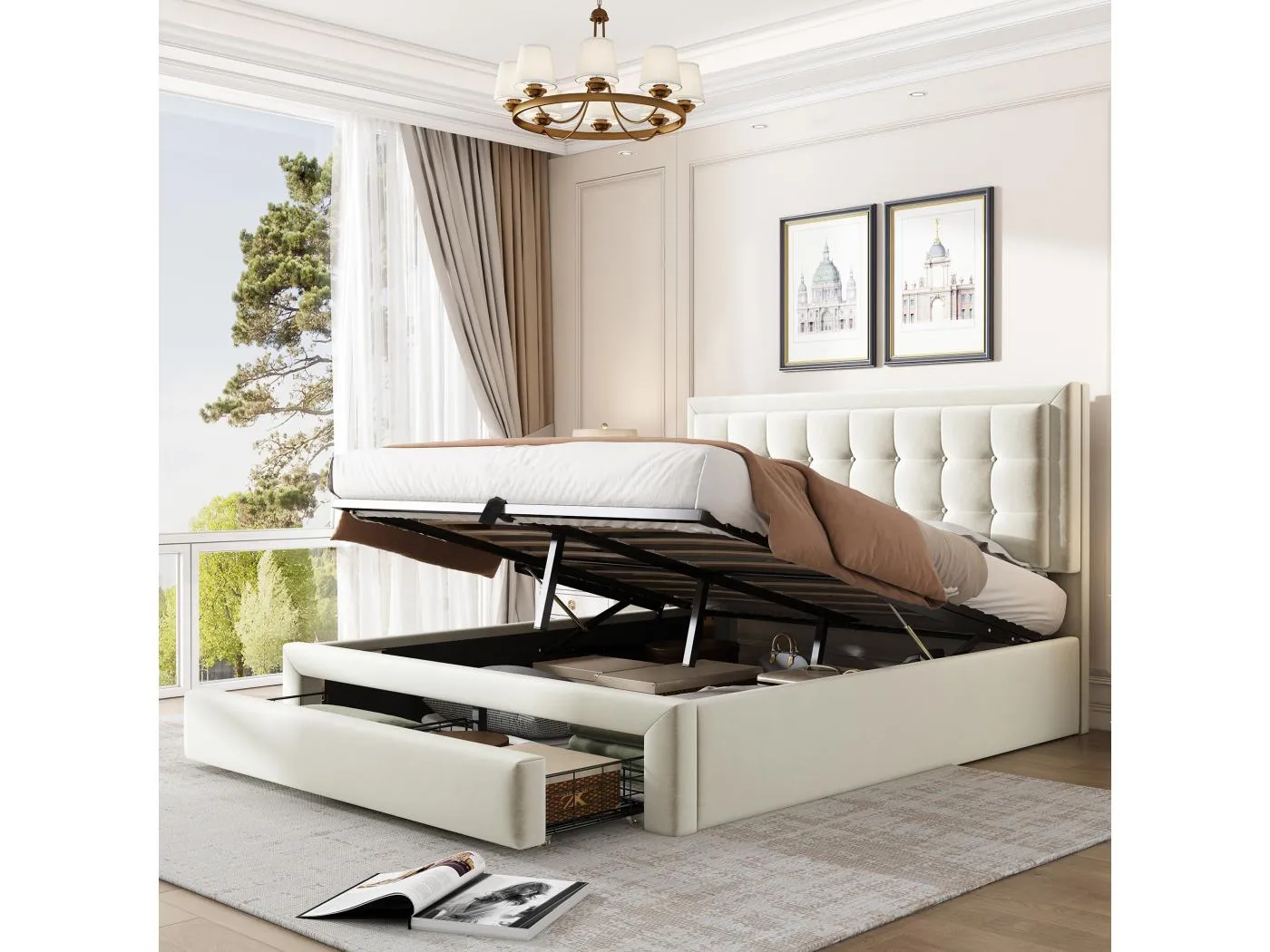 Stauraumbett 140 x 190 cm mit 2 Schubladen und Kopfteil – Samt – Farbe Beige