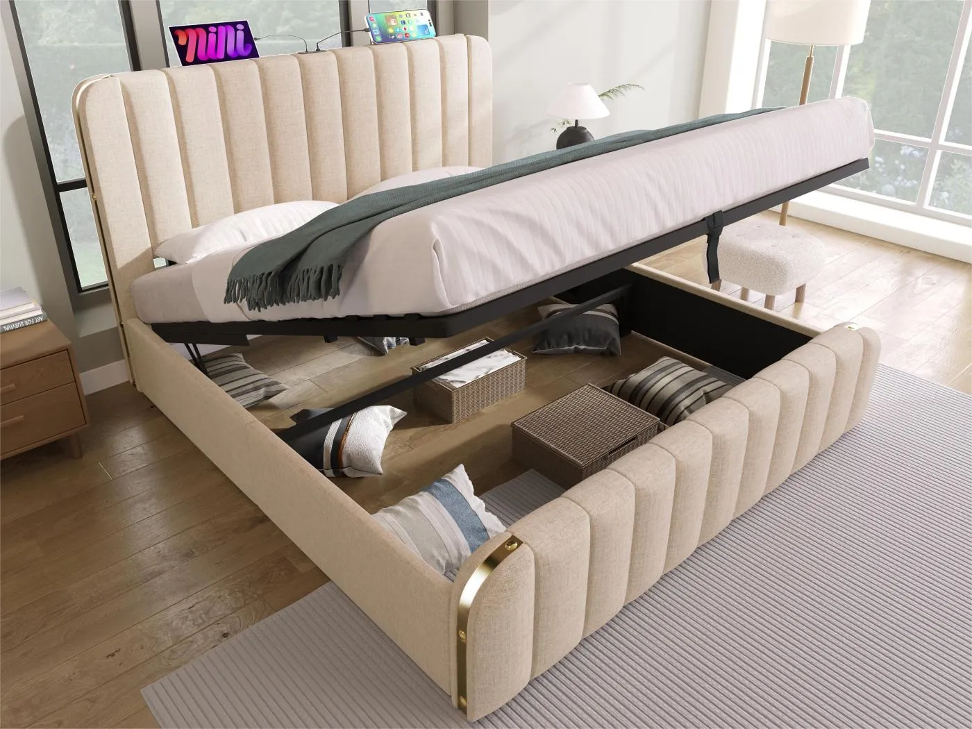 140 x 200 cm großes Stauraumbett aus Leinenstoff – mit USB- und Typ-C-Aufladung – verziert mit goldenen Streifen – Beige