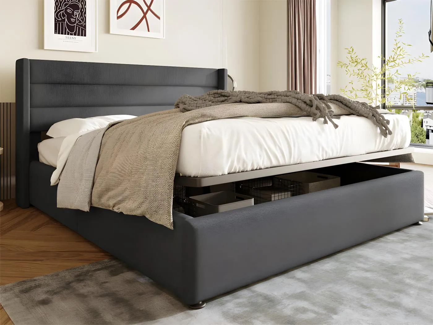 Bett aus Leinen mit Lattenrost – 140 x 200 cm – Grau