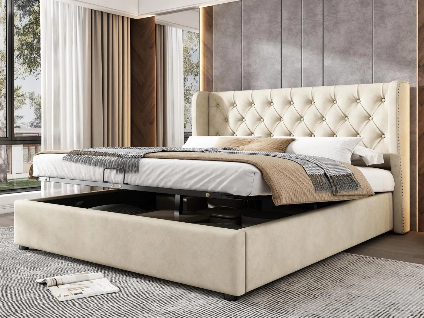 Samtgepolstertes Stauraumbett 160 x 200 cm mit Lattenrost – Beige