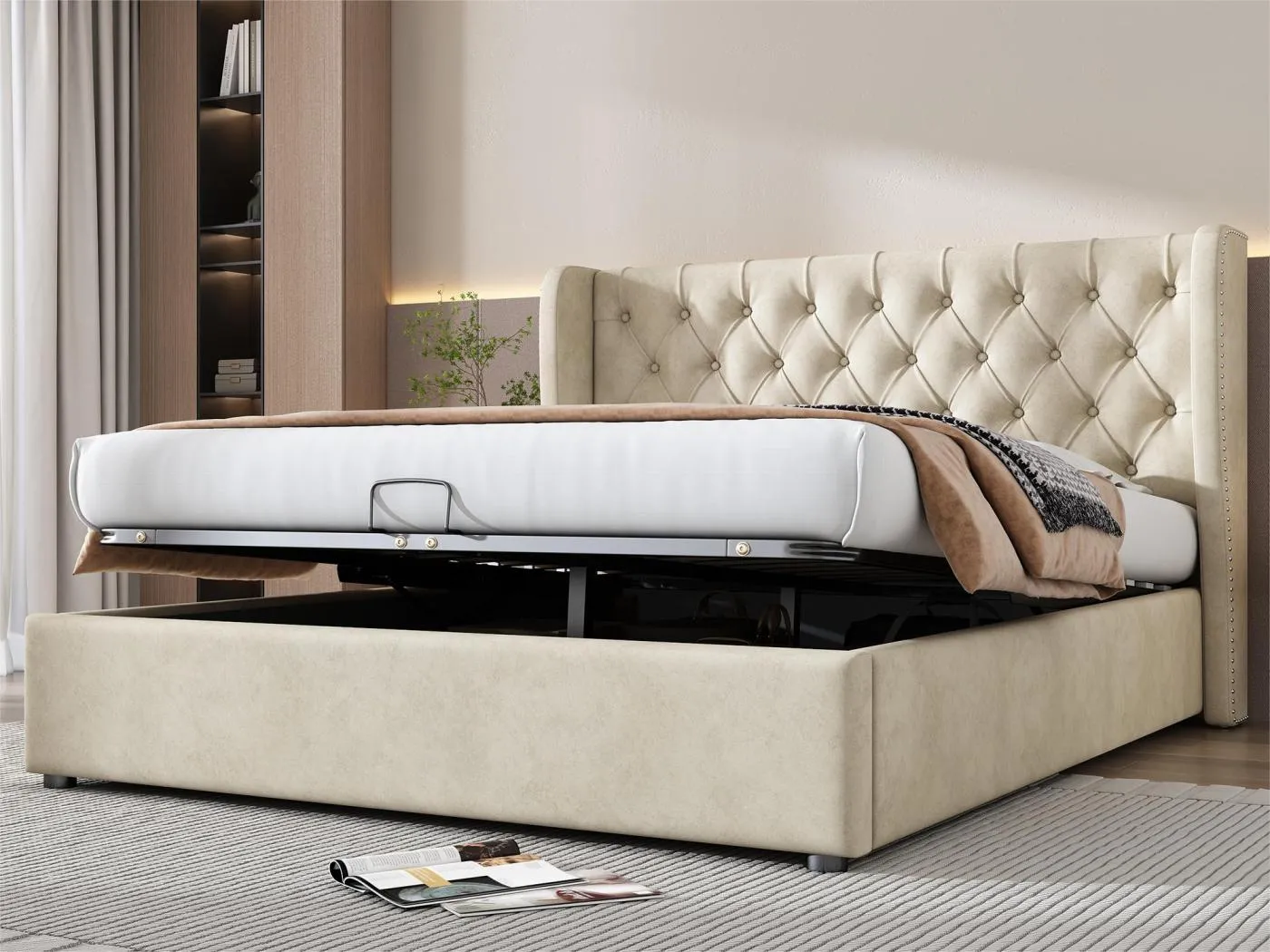 Samtgepolstertes Stauraumbett 140 x 200 cm mit Lattenrost – Beige