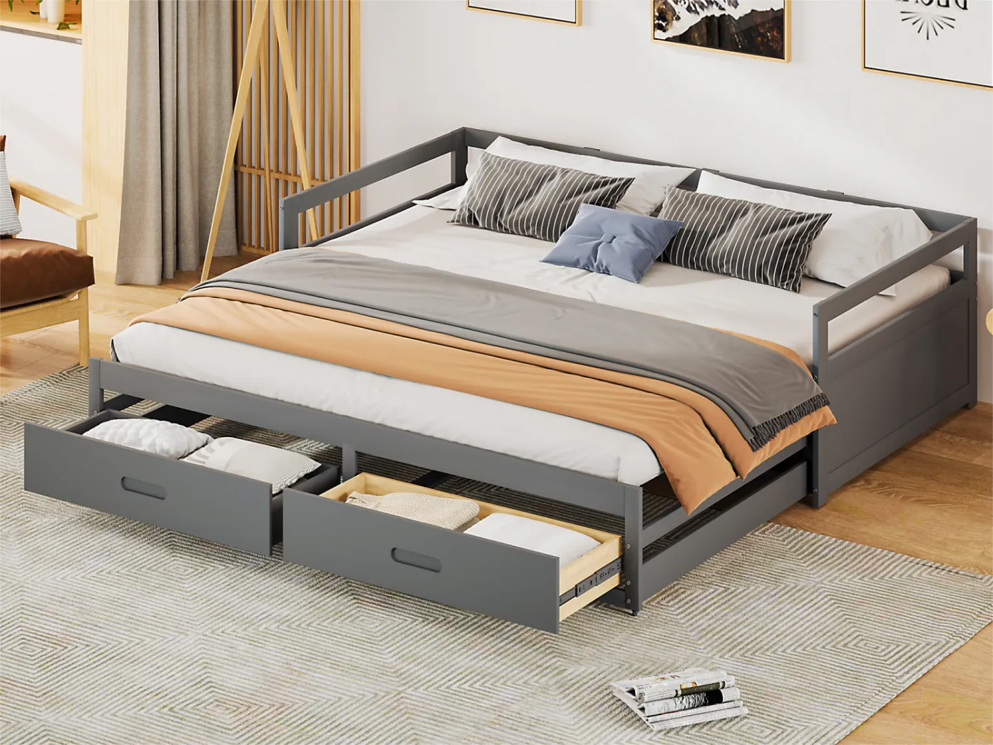 Ausziehbett aus Kiefernholz – mit Schubladen – 90/180 x 200 cm – Grau