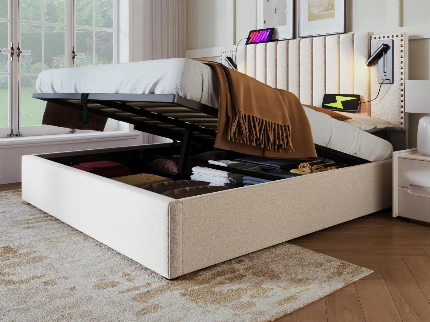 160 x 200 cm großes Stauraumbett aus Baumwollstoff – mit Leselampen und USB-Ladeanschlüssen – mit Lattenrost – Beige
