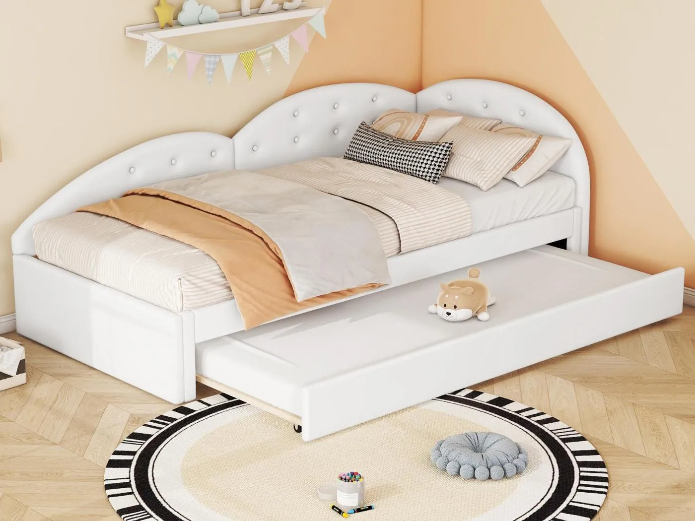 Schlafsofa 90 x 200 cm aus Kunstleder + Ausziehbett 80 x 190 cm – Weiß