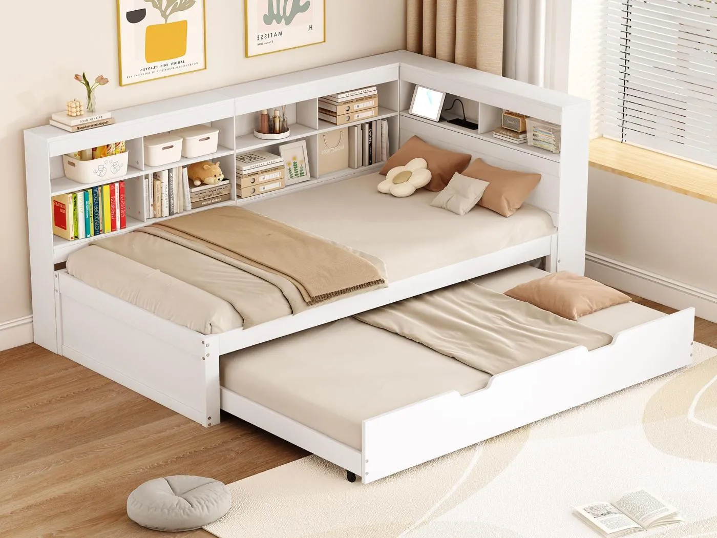 90 x 200 cm großes Schlafsofa aus Holz – mit 90 x 190 cm großem Ausziehbett und USB-Anschluss – 10 Fächer – Weiß