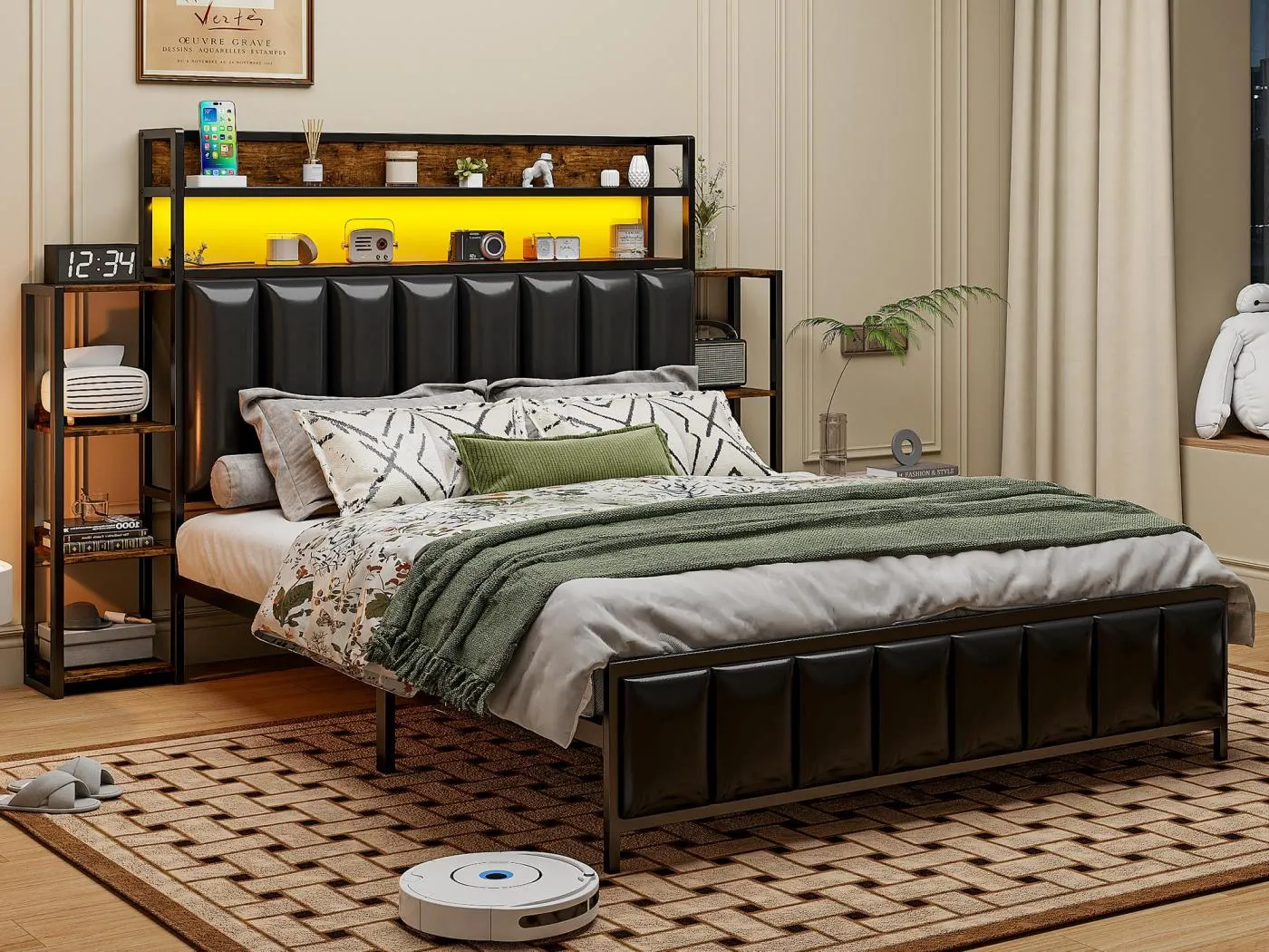 140 x 200 cm großes Kunstlederbett – mit LED und Regalen – Schwarz