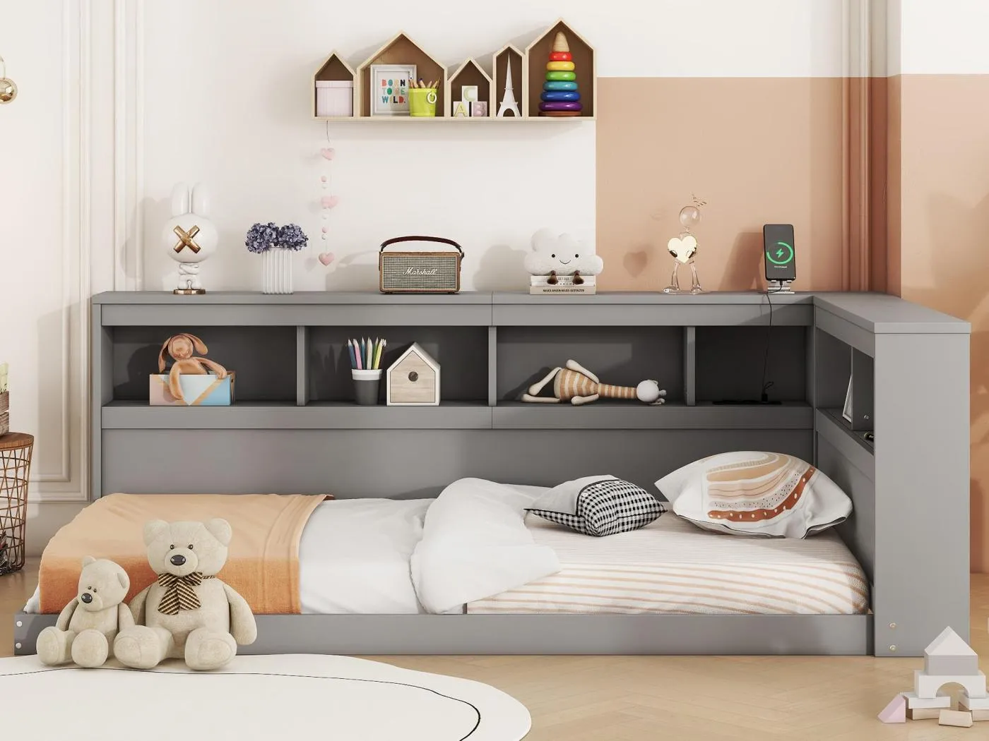 Tagesbett 90 x 200 cm – mit USB-Anschlüssen und Stauraum – Grau