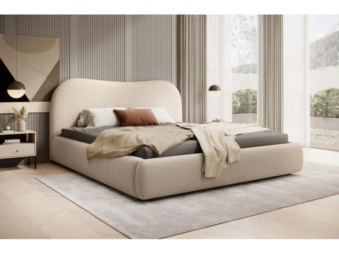 Polsterbett mit Bouclé-Bezug und Stauraum - Beige - 160x200 cm - SIMSALO