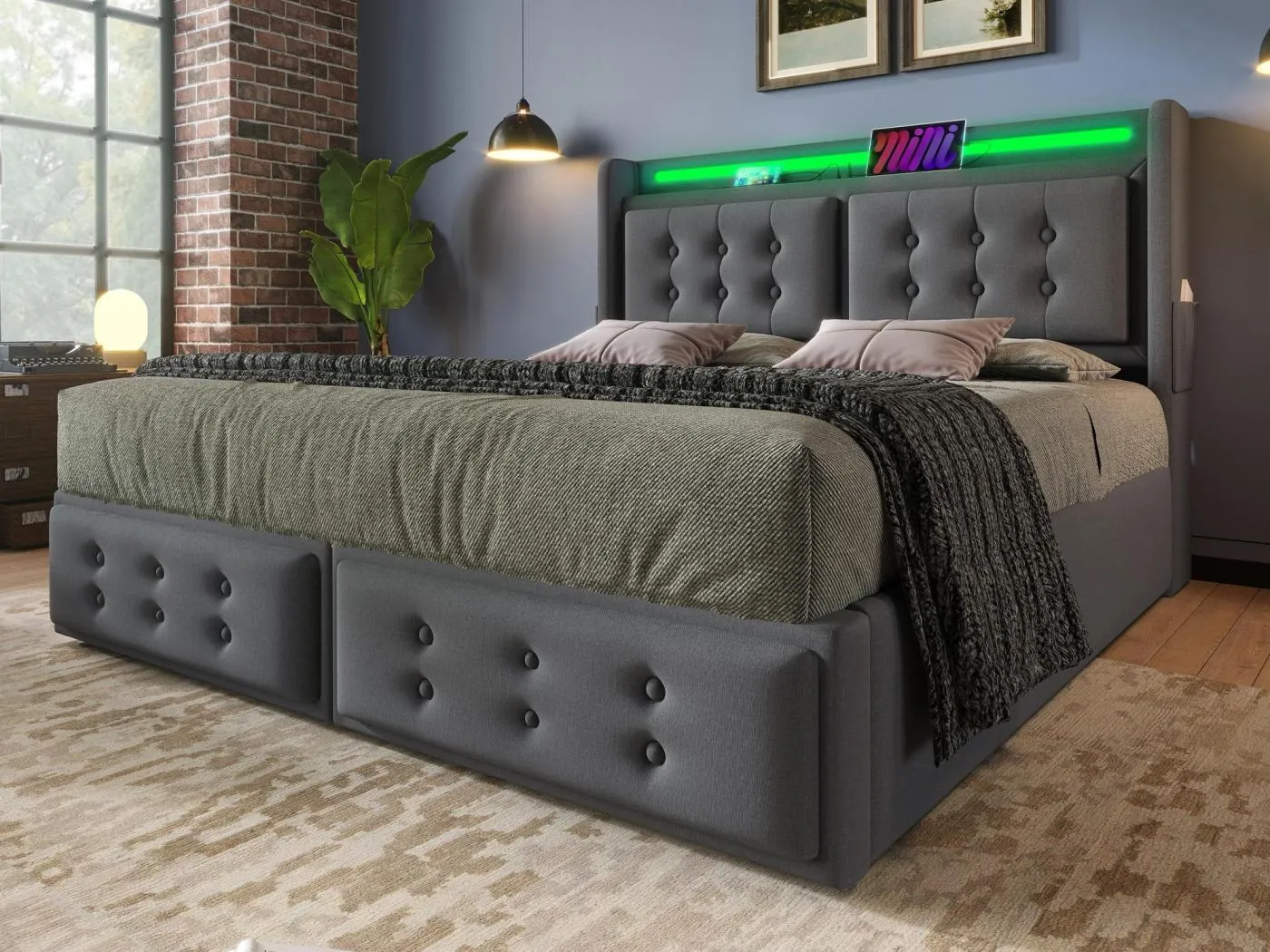 140 x 200 cm großes Stauraumbett aus Leinenstoff – mit LED und Ladeanschlüssen – Grau