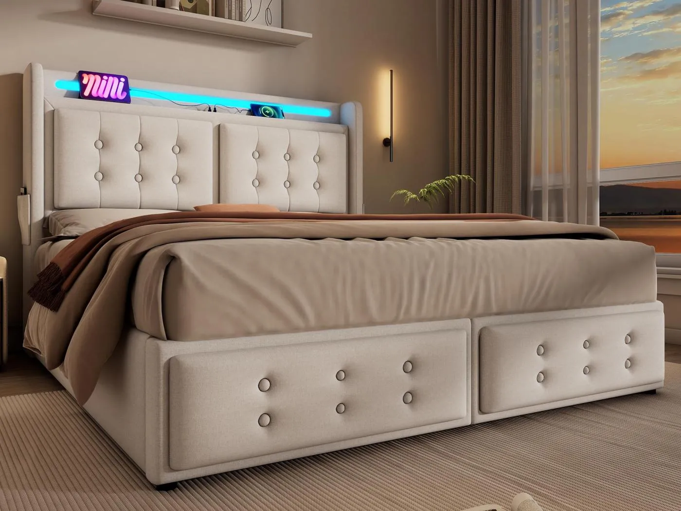 160 x 200 cm großes Stauraumbett aus Leinenstoff – mit LED und Ladeanschlüssen – Beige