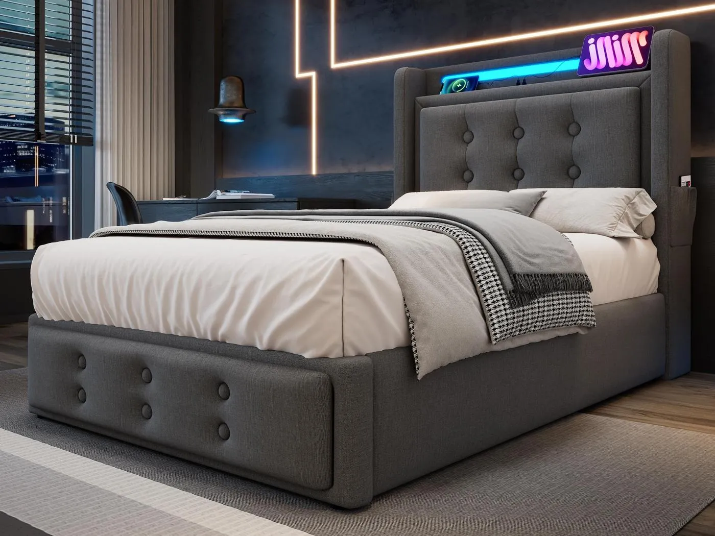 90 x 200 cm großes Stauraumbett aus Leinenstoff – mit LED und Ladeanschlüssen – Grau