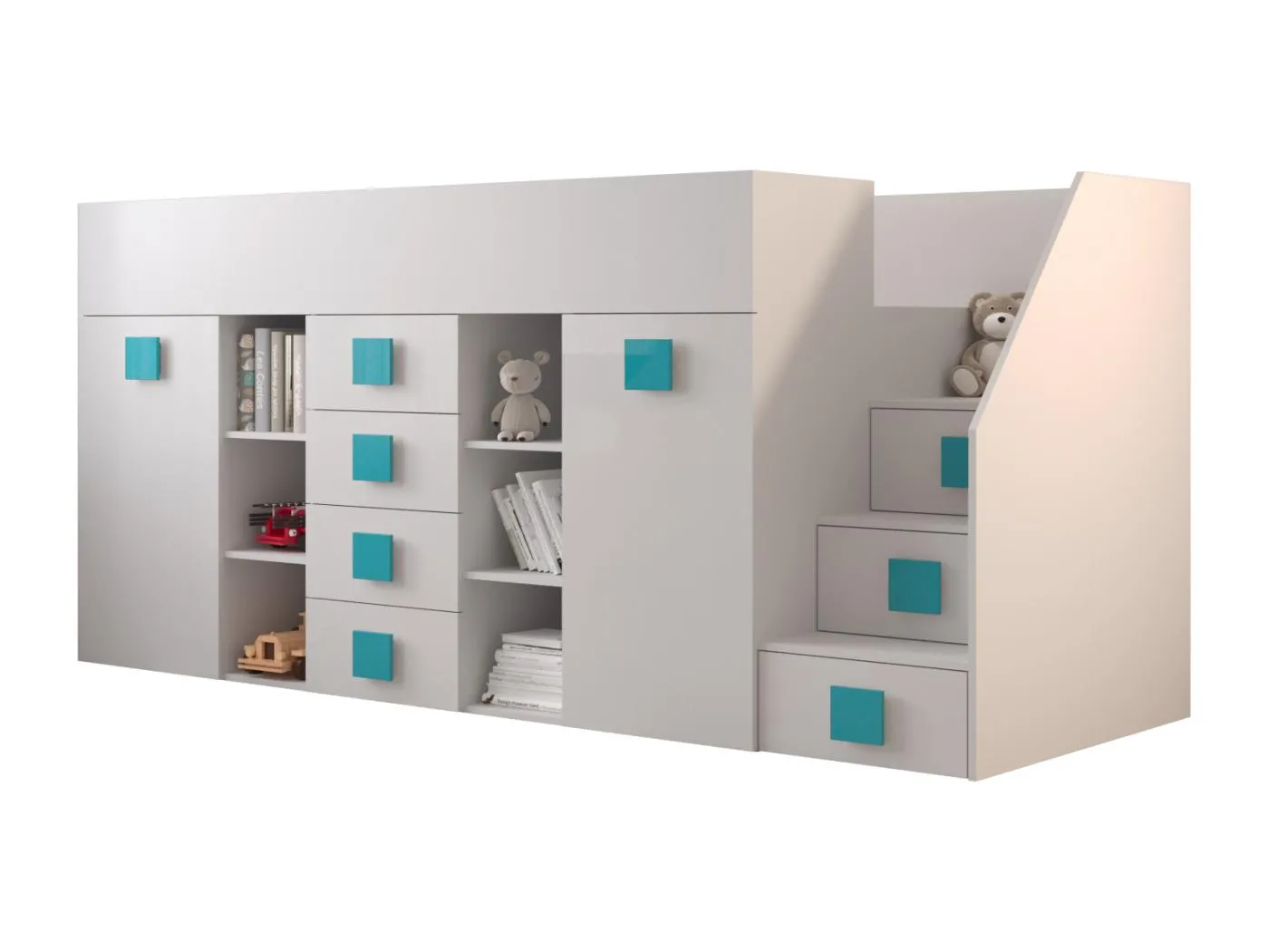 TOLEDO 3P Etagenbett 248,5/123/93 (weiß/weiß/türkis)