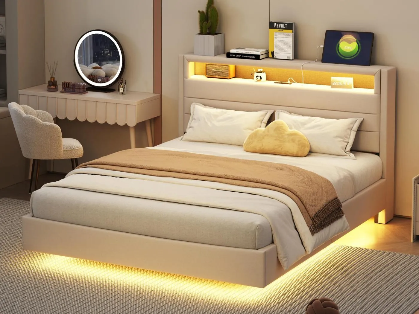 140 x 200 cm gepolstertes Bett aus Leinenstoff – mit USB- und LED-Steckdose – umkehrbares Kopfteil – Beige