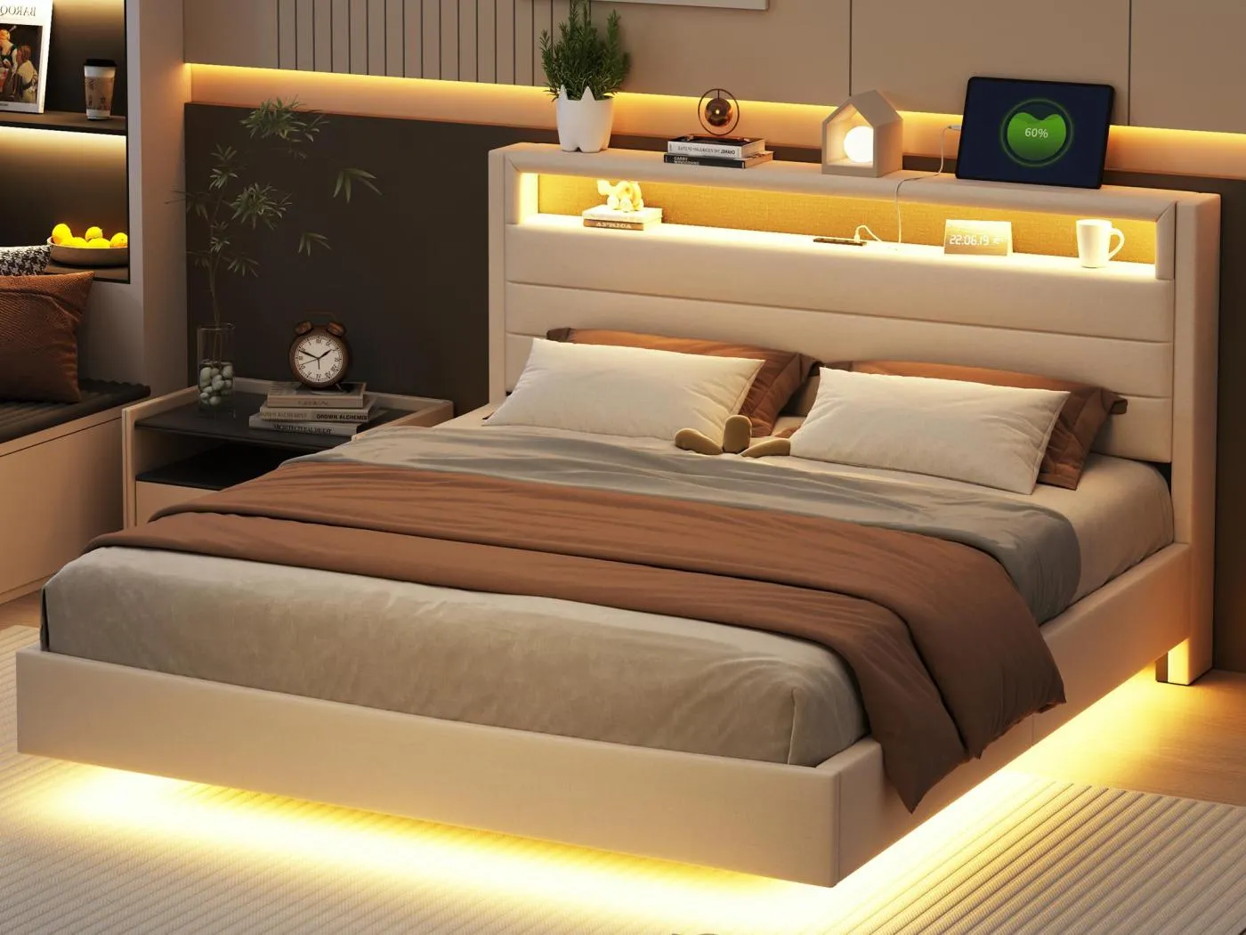 160 x 200 cm gepolstertes Bett aus Leinenstoff – mit USB- und LED-Steckdose – umkehrbares Kopfteil – Beige