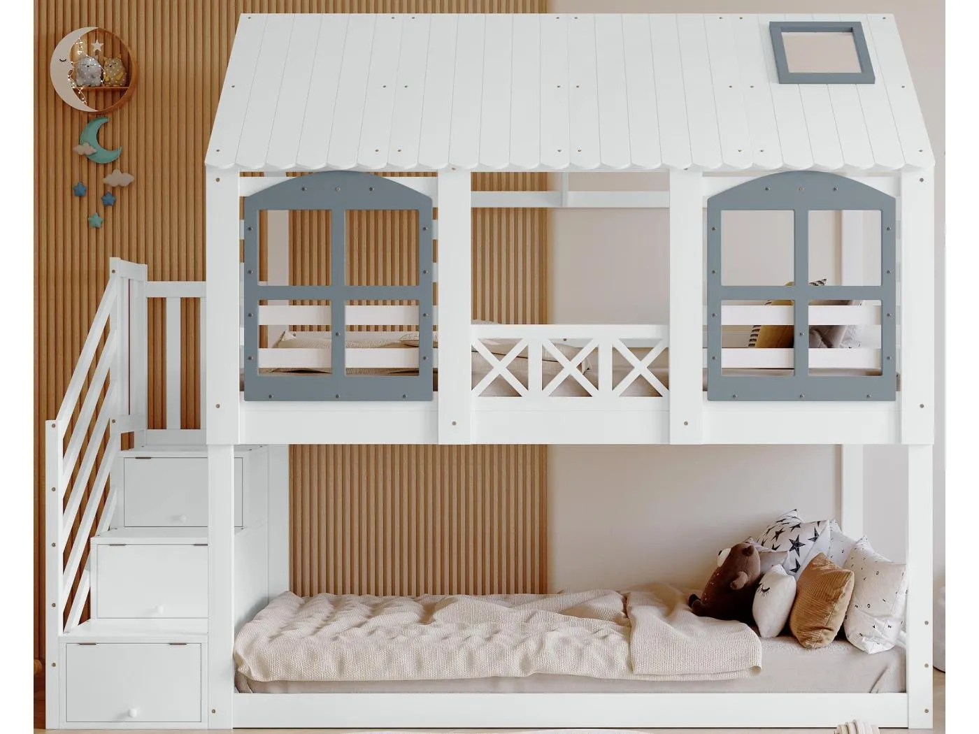 90 x 200 cm großes Etagenbett aus Holz – mit Stauraumtreppe – Weiß