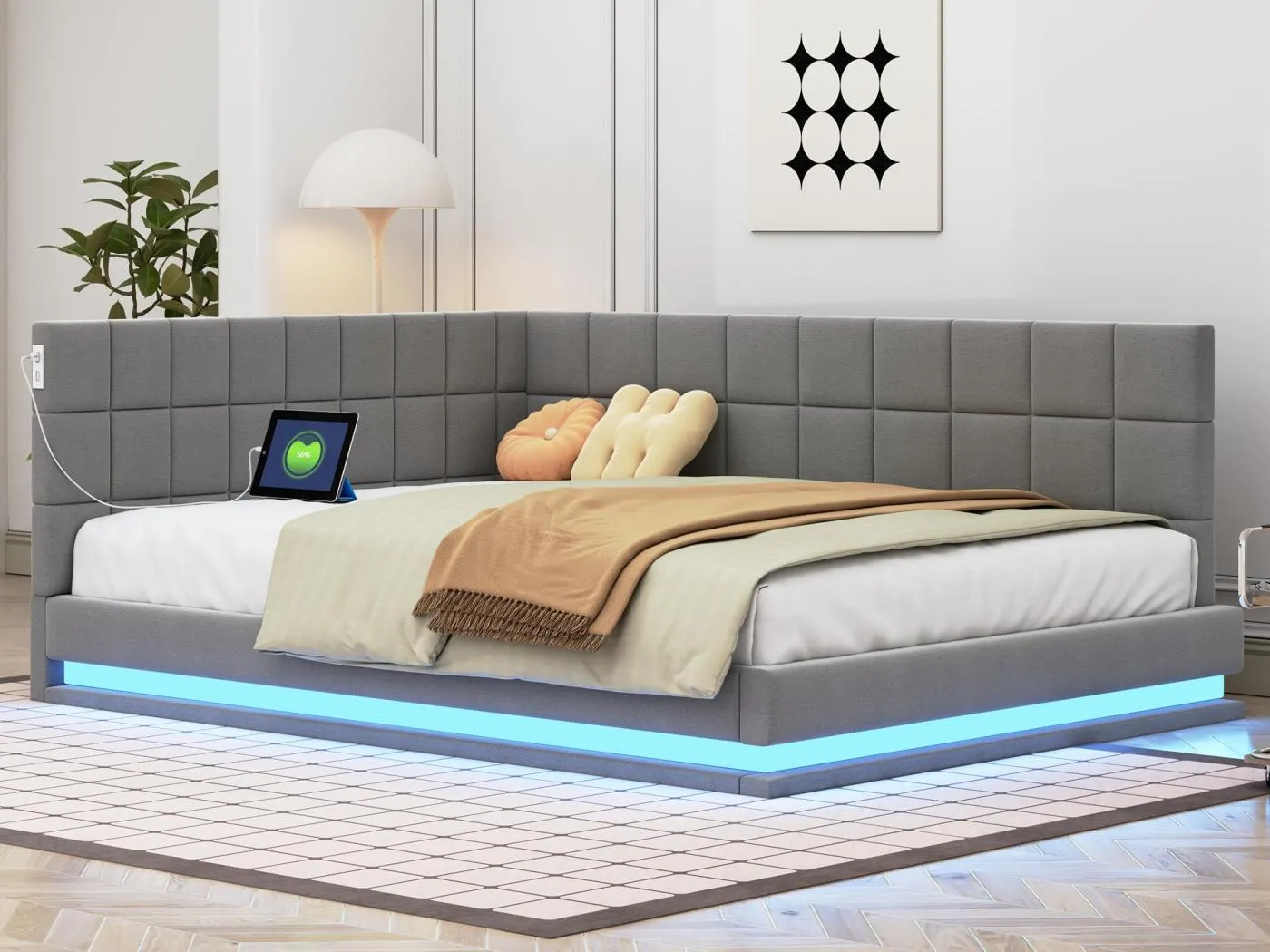 Samtgepolstertes Schlafsofa 140x200cm – mit LED und USB-Anschluss – Grau