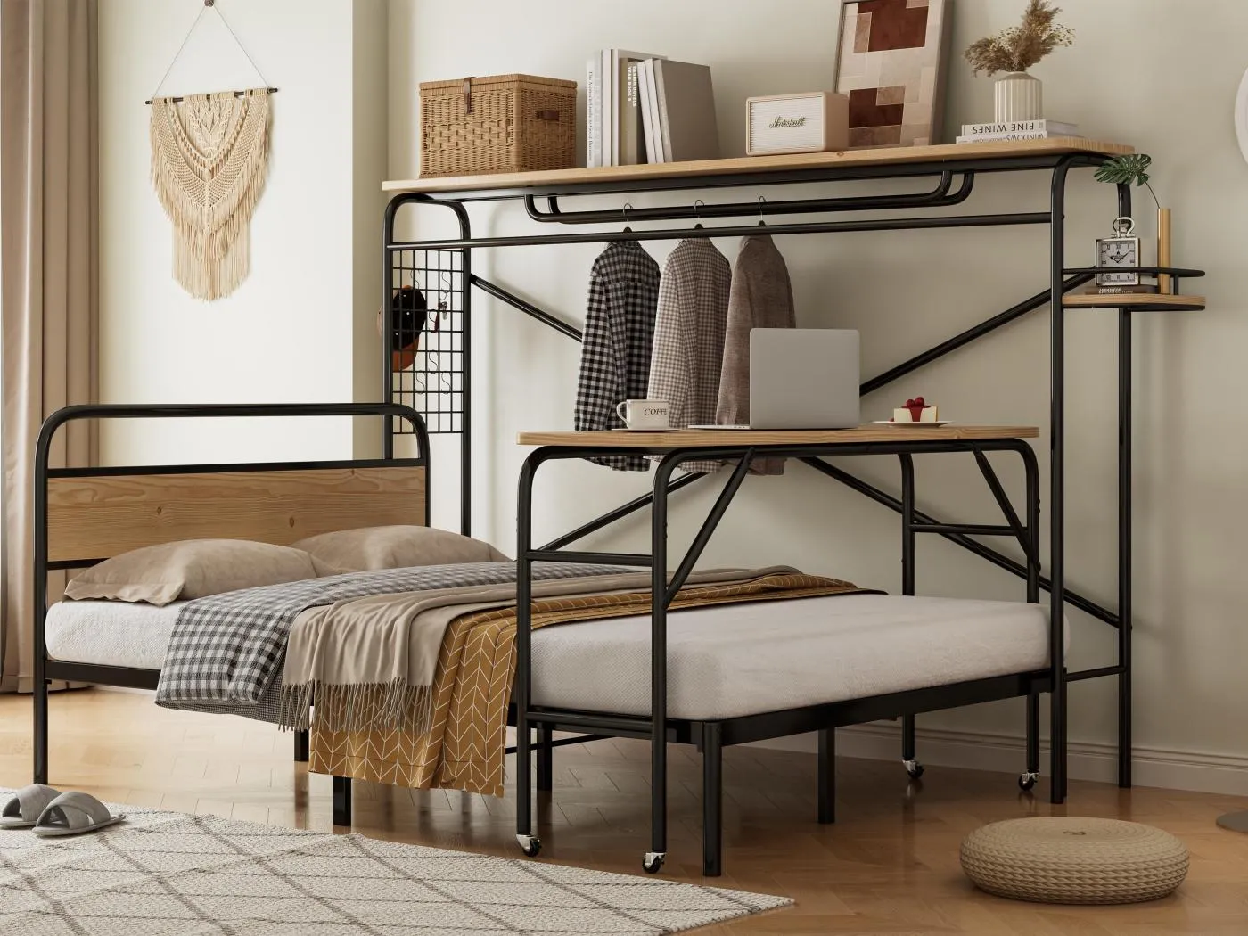 140 x 200 cm großes Bett mit Tisch auf Rollen und Garderobenständer – Metallstruktur + MDF – Schwarz