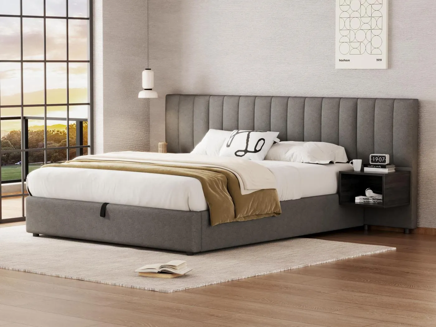 160 x 200 cm großes Stauraumbett aus Leinenstoff – mit 2 Nachttischen und Lattenrost – Grau