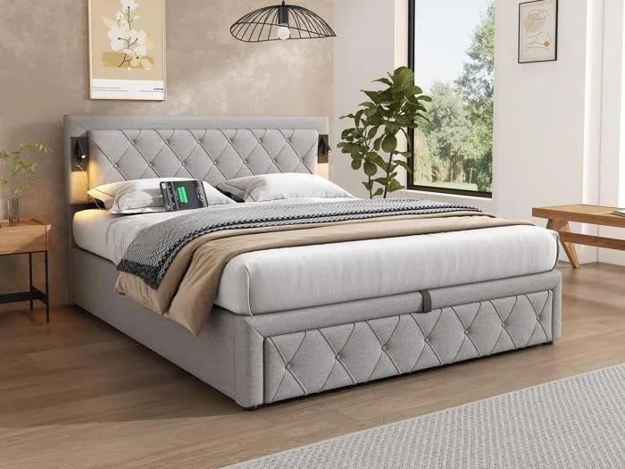 160 x 200 cm großes Stauraumbett aus Leinenstoff – mit Leselampe und USB-Anschluss – mit Lattenrost – Grau