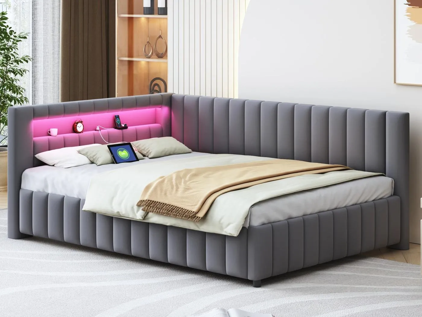 Samtgepolstertes Schlafsofa – 140 x 200 cm – mit LED-Beleuchtung und USB-Anschluss – Grau (Matratze nicht im Lieferumfang enthalten)