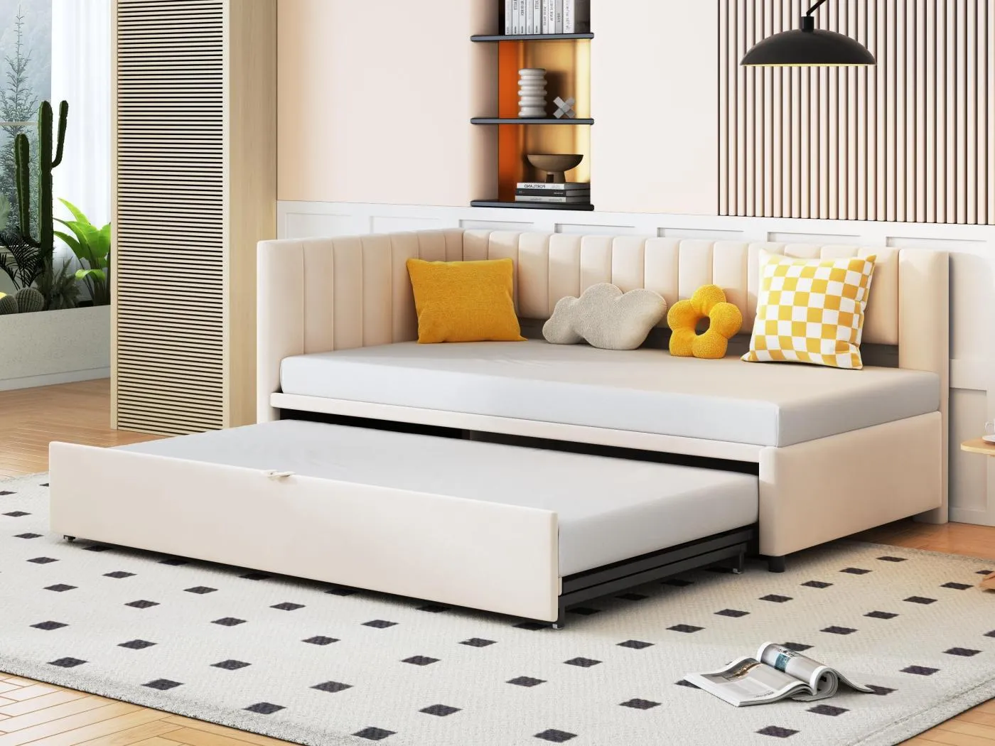 Ausziehbett 90/180x200cm aus Samt – Beige (Matratze nicht im Lieferumfang enthalten)