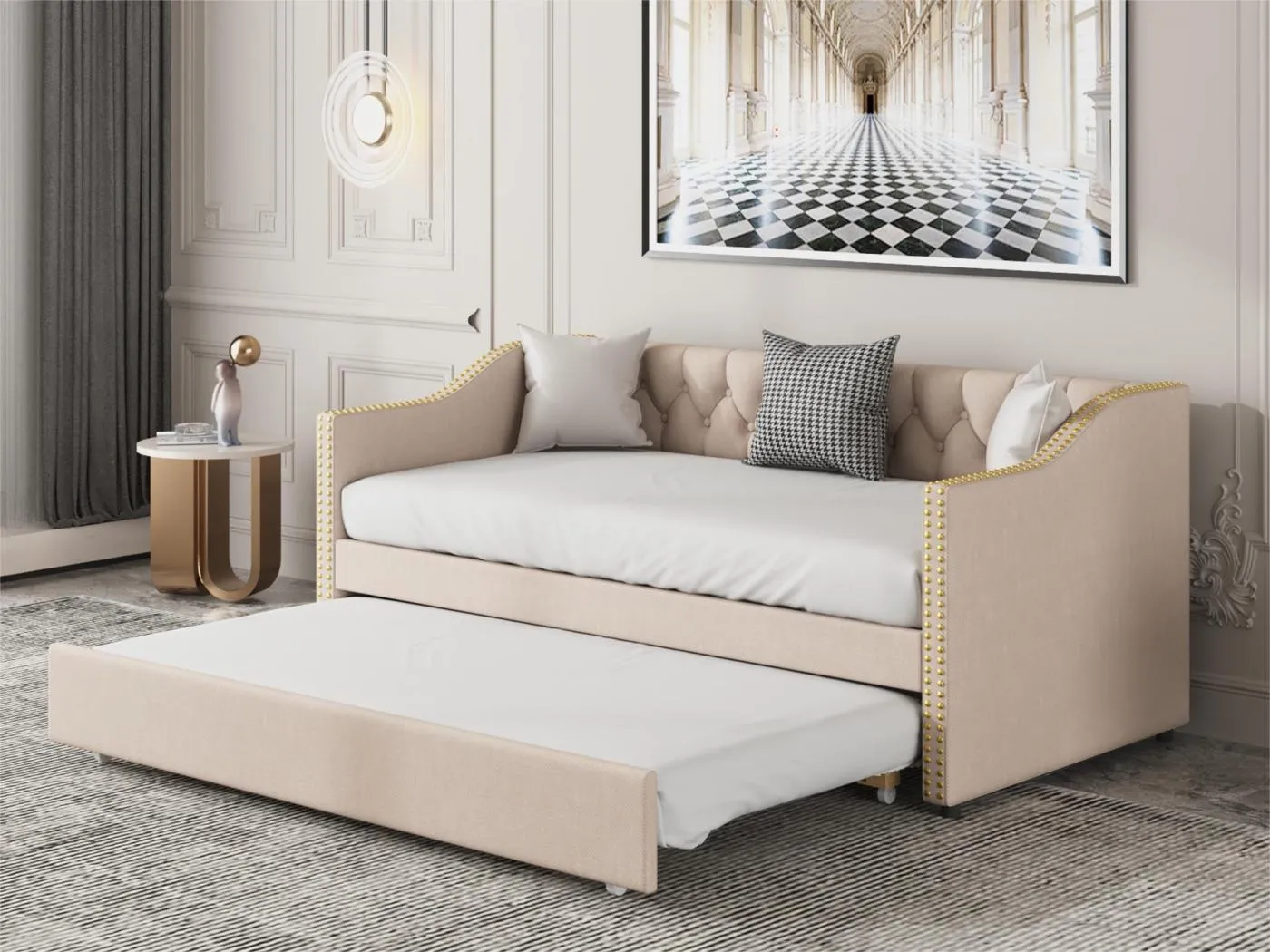 Ausziehbett 90x200cm großes Schlafsofa aus Leinen mit Lattenrost – Beige