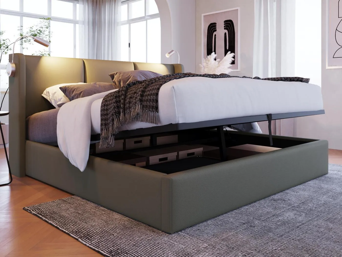140 x 200 cm großes Stauraumbett aus Kunstleder – mit Leselampen und USB-Ladeanschlüssen – mit Lattenrost – Grau