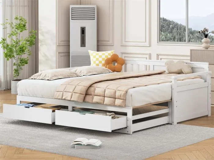 Ausziehbett 90/180 x 190 cm aus Massivholz – 2 Schubladen auf Rollen – Weiß