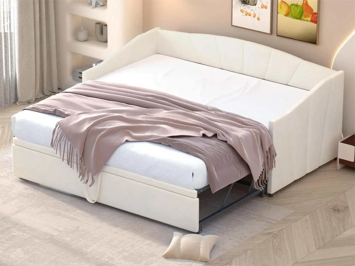 Ausziehbett aus Samt 180x200cm – Lattenrost – Beige