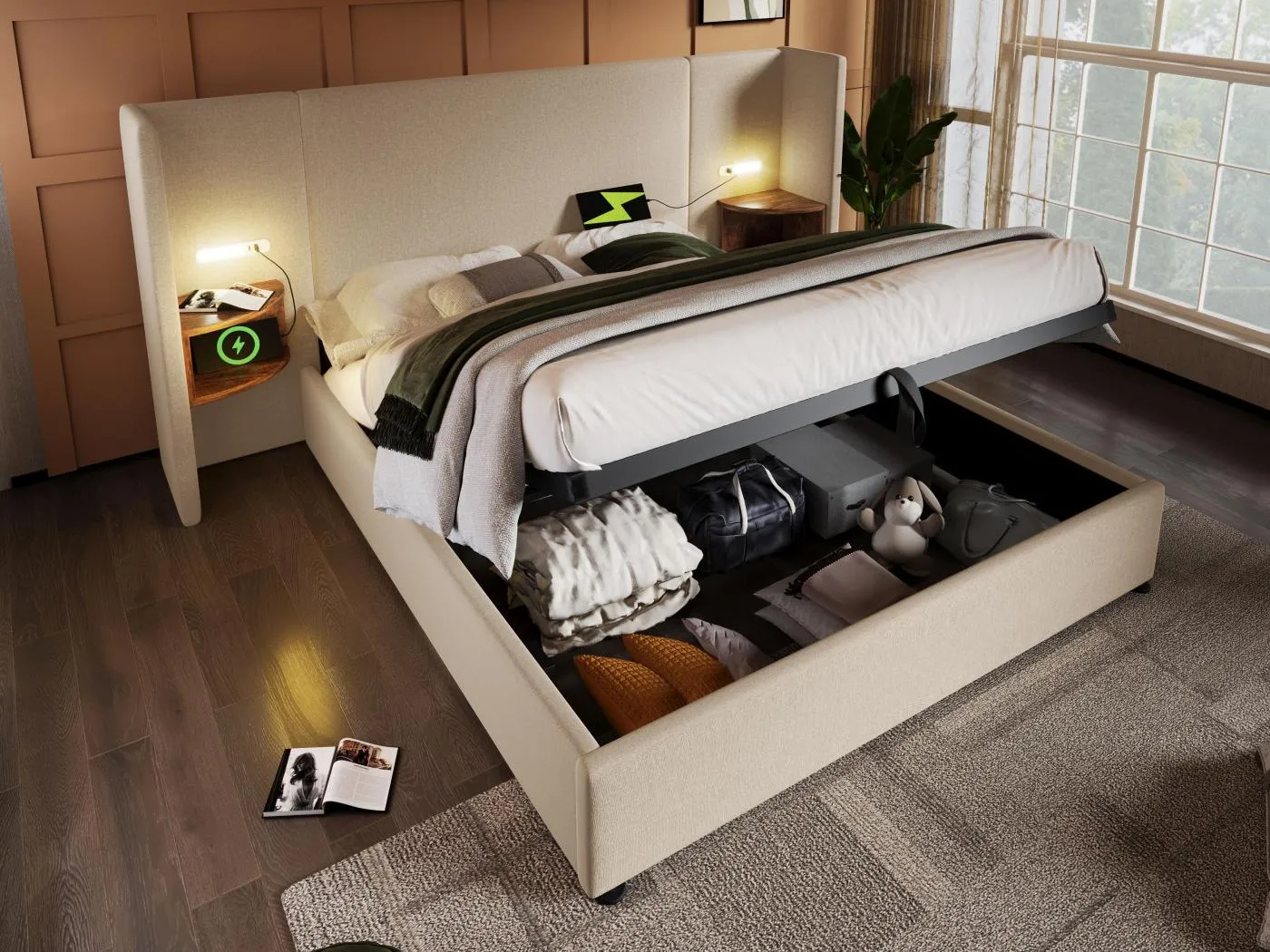 160 x 200 cm großes Bett mit Stauraum aus Leinen – 2 Nachttische mit Leselampe und Ladefunktion – mit Lattenrost – Beige