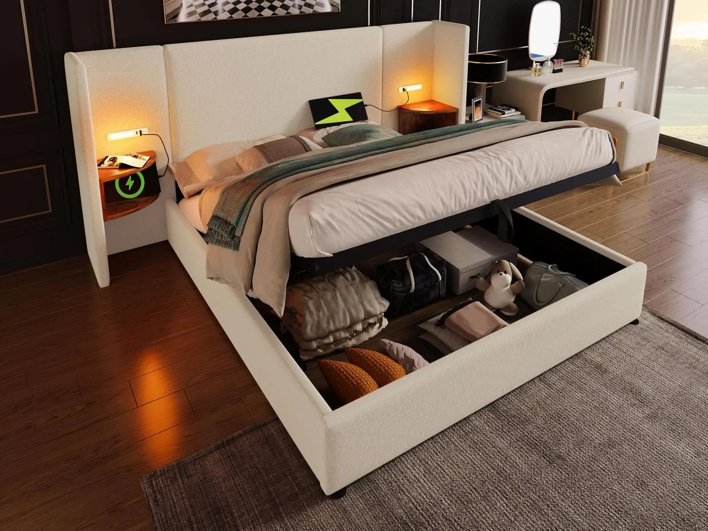 180 x 200 cm großes Bett mit Stauraum aus Leinen – 2 Nachttische mit Leselampe und Ladefunktion – mit Lattenrost – Beige